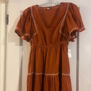Old Navy Orange Rust Boho Midi Dress with White Accents